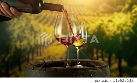 Detail of Red Wine Pouring on Vineyard. Detail of Red Wine Pouring on Vineyard. 119625532