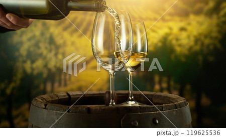 Detail of White Wine Pouring on Vineyard. 119625536