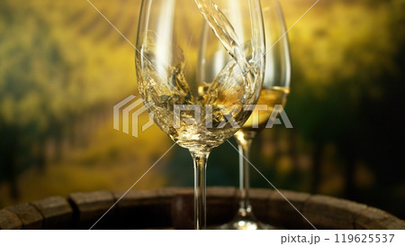 Detail of White Wine Pouring on Vineyard. Detail of White Wine Pouring on Vineyard. 119625537