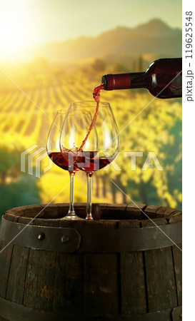 Detail of Red Wine Pouring on Vineyard. 119625548
