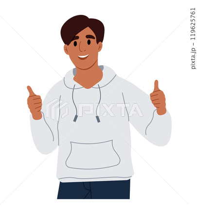 Young African American man with thumbs up showing agreement and approval. Man showing sign is great. Vector flat illustration isolated on white background 119625761