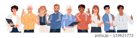 Business people group portrait. Men and women, colleagues stand together. Vector flat illustration isolated on white background Business people group portrait. Men and women, colleagues stand together. Vector flat illustration isolated on white background 119625772