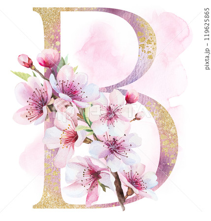 Watercolor and golden letter B with pink cherry flowers and buds, wedding sakura isolated element Watercolor and golden letter B with pink cherry flowers and buds, wedding sakura isolated element 119625865