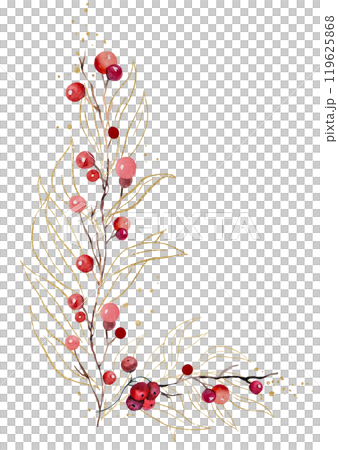 Christmas bouquet with watercolor twigs with red berries and golden leaves. Holidays Illustration Christmas bouquet with watercolor twigs with red berries and golden leaves. Holidays Illustration 119625868