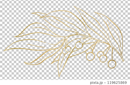 Christmas hand drawn leaves with berries silhouette, golden outlines. Holiday isolated Illustration 119625869