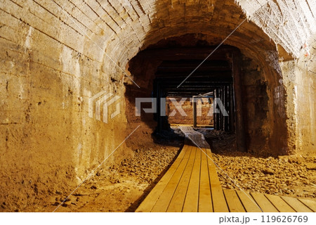 Long Underground Tunnel with Vaulted Stone Ceiling and Dim Light Long Underground Tunnel with Vaulted Stone Ceiling and Dim Light 119626769
