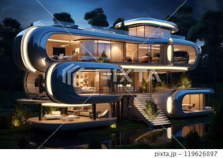 A modern luxurious home with curved design features illuminated against a dusk landscape. Futuristic eco friendly interior exterior A modern luxurious home with curved design features illuminated against a dusk landscape. Futuristic eco friendly interior exterior 119626897