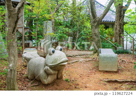 Cute stone frog statue in garden of Nyoirinji Temple, Ogori, Fukuoka 119627224