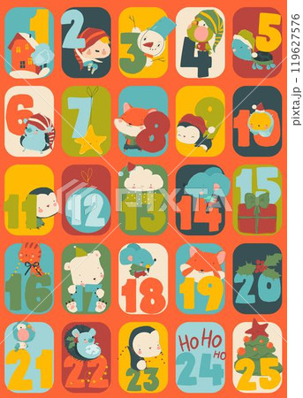Cute Cartoon Advent Calendar with Funny Animals and Christmas Elements 119627576