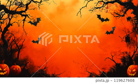 Vibrant Halloween-themed banner with sunset gradient transitioning from yellow to deep orange and red hues, evokes festive Halloween feel, perfect for seasonal sales, promotions, event announcements 119627608