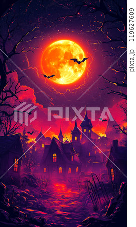 Mystical Halloween scene with full moon illuminating sky filled with clouds and flying bats, eerie village of old, haunted houses. Perfect vertical banner for Halloween promotions or themed posters 119627609
