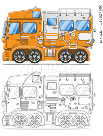 Futuristic all-terrain camper. Side view. Coloring. Isolated on white background. Vector illustration. 119627900