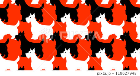 Vector seamless pattern with black and white scotch terriers on red background. Vector seamless pattern with black and white scotch terriers on red background. 119627948