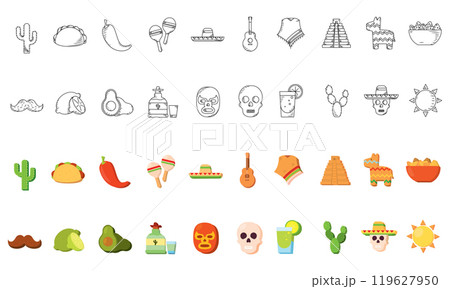 Mexican-themed icons in black lines and colorful, Vector 119627950