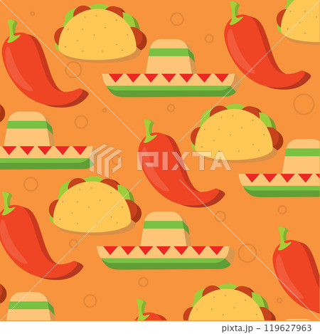 Chili peppers, tacos, and sombrero food pattern, Vector Chili peppers, tacos, and sombrero food pattern, Vector 119627963