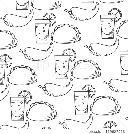 Tacos, chili peppers, and drinks food pattern, Vector Tacos, chili peppers, and drinks food pattern, Vector 119627968