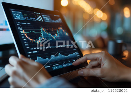 A person using a digital tablet to manage their diversified investment portfolio.A person is using their hand to interact with a tablet that displays a graph A person using a digital tablet to manage their diversified investment portfolio.A person is using their hand to interact with a tablet that displays a graph 119628092