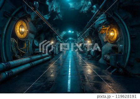 An underwater research base serving as a hub for oceanographic research. a 3d rendering of a tunnel with a road going through it at night 119628191