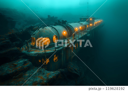 An underwater research base serving as a hub for oceanographic research. A submarine sits atop a dock in the underwater world 119628192