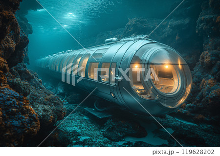 An underwater observatory providing a window into the mysterious world below. Underwater vehicle exploring the coral reef with electric blue surroundings 119628202