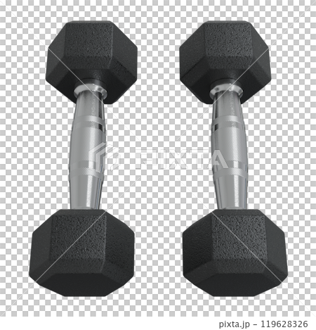 Blank Two Hex Dumbbells, weightlifting gym equipment top view 119628326