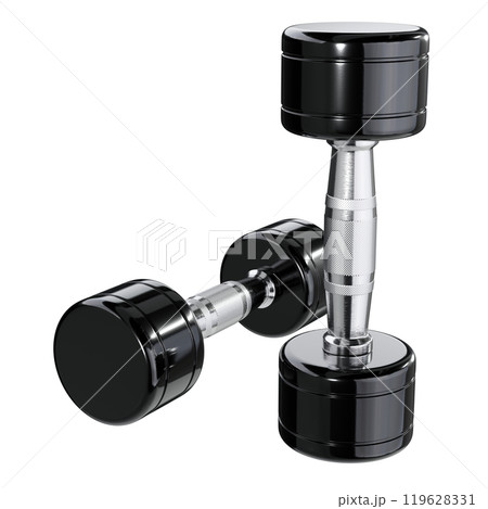 Two blank Round Dumbbells, chrome weightlifting gym equipment top view Two blank Round Dumbbells, chrome weightlifting gym equipment top view 119628331