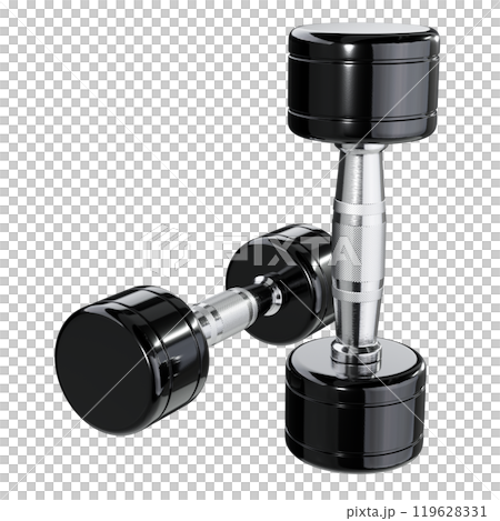 Two blank Round Dumbbells, chrome weightlifting gym equipment top view Two blank Round Dumbbells, chrome weightlifting gym equipment top view 119628331
