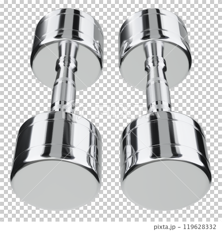 Two blank Round Dumbbells, chrome weightlifting gym equipment top view Two blank Round Dumbbells, chrome weightlifting gym equipment top view 119628332