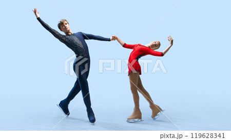 Impressive figure skating lift, showcasing the strength and grace of the skaters against cold blue background. Artistry in ice dance. 119628341