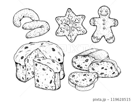 Vector hand drawn ink illustration set of traditional Christmas European pastries: panettone, vanillekipferl, gingerbread man, glazed cookies, stollen. Italian, german, austrian holiday cakes. 119628515