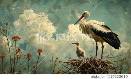The adult stork watches protectively over its chick while perched in a nest, with vibrant wildflowers blooming around them under a bright sky 119628610