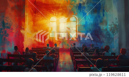 A group of children attentively participates in Sunday School, surrounded by vibrant colors and a warm atmosphere enhanced by sunlight 119628611