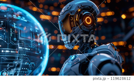 A humanoid robot interacts with a glowing globe while surrounded by intricate circuitry, highlighting the integration of AI and technology 119628612