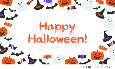 かわいいハロウィンの白フレーム背景ベクターイラスト素材【文字あり】【横長】 119628651