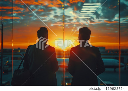 Two professionals in suits observe a stunning sunset through an airport terminals large glass windows, preparing for their journey 119628724