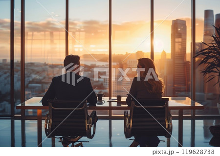 Two professionals engage in a conference call while enjoying a beautiful sunset view from their modern office 119628738