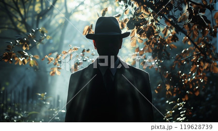 A shadowy silhouette of a man in a suit and hat stands amidst fog and autumn leaves in a tranquil forest during the morning 119628739