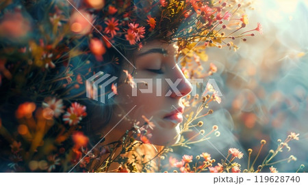 The young woman closes her eyes, immersed in nature, adorned with a crown of colorful flowers, radiating tranquility and beauty 119628740