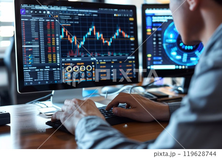 Individuals analyze cryptocurrency trends and trading metrics on dual monitors, focusing on market fluctuations and data analysis in real time 119628744