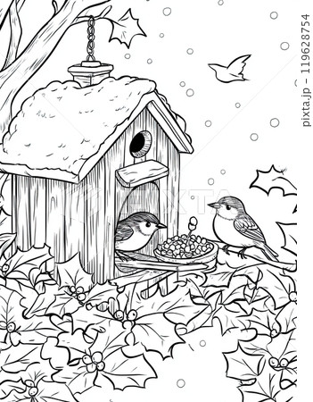 Coloring page of birdhouse surrounded by snowy holly bushes, with birds enjoying festive treats, cartoon style Coloring page of birdhouse surrounded by snowy holly bushes, with birds enjoying festive treats, cartoon style 119628754
