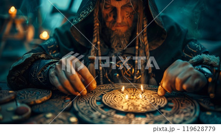 A practitioner focuses intently on rune stones and flickering candles, performing a ritual for divination in a mystical setting 119628779