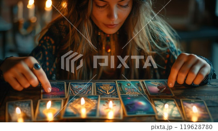 The woman intently examines tarot cards arranged on the table, surrounded by flickering candles, creating a mystical, intimate atmosphere 119628780