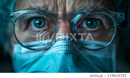 A dedicated anesthesiologist displays concentration while preparing for surgery, wearing a mask and protective eyewear in a medical environment 119628781