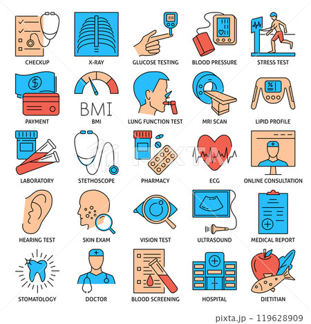 Health checkup line icon collection Health checkup line icon collection 119628909