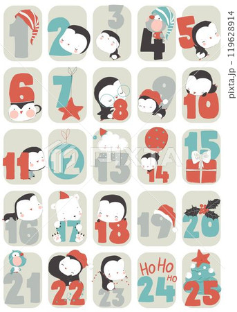 Cute Cartoon Advent Calendar with Funny Penguins and Christmas Elements Cute Cartoon Advent Calendar with Funny Penguins and Christmas Elements 119628914