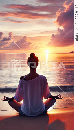 夕陽の海辺で瞑想する女性 119629115