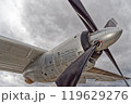 Conducting a detailed examination of the propeller blade with cloudy sky in the background. Transall C-160 Conducting a detailed examination of the propeller blade with cloudy sky in the background. Transall C-160 119629276