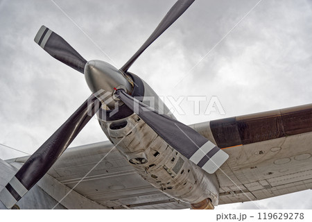 Conducting a detailed examination of the propeller blade with cloudy sky in the background. Transall C-160 Conducting a detailed examination of the propeller blade with cloudy sky in the background. Transall C-160 119629278
