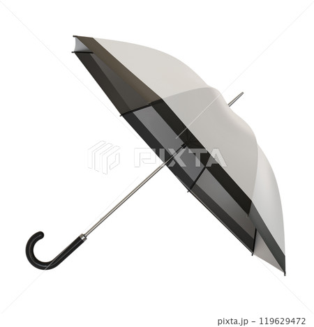 Open white and black umbrella with black handle, isolated on white background 119629472