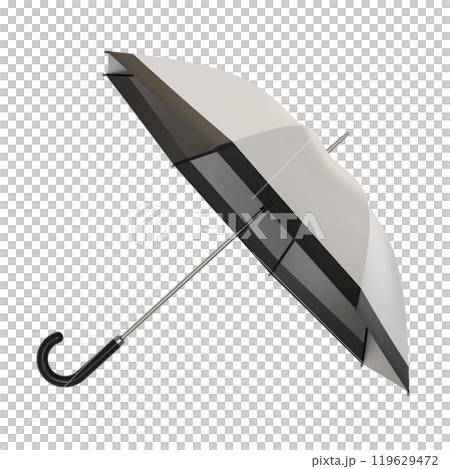 Open white and black umbrella with black handle, isolated on white background 119629472